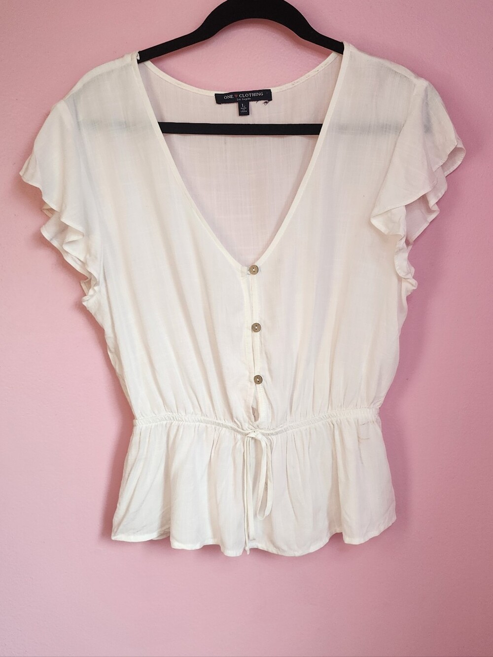 White V-Neck Button-Front Tie Peplum Blouse Large Cottagecore